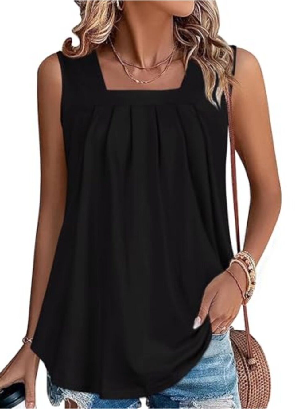 Flowy Pleated Square Neck Sleeveless Tunic Tank Top Loose Fit Summer Blouse